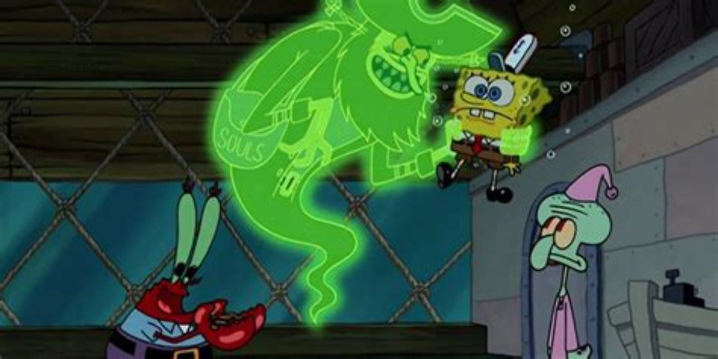 Mr. Krabs sells SpongeBob's soul to the Flying Dutchman while Squidward watches.