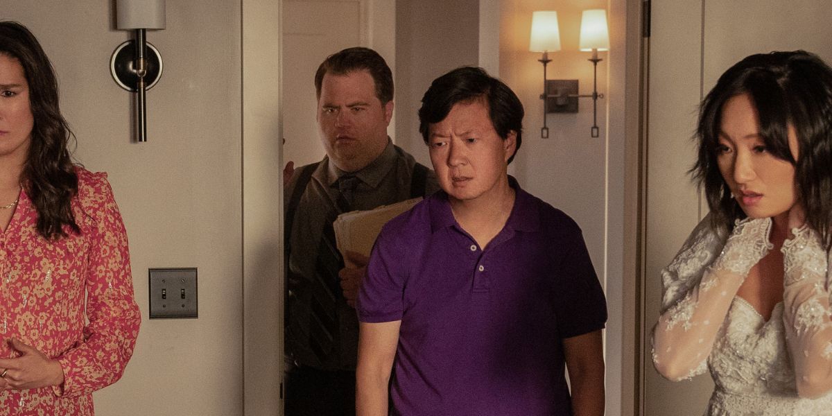 Paul Walter Hauser, Ken Zheng and Poppy Liu look at dead bodies in Season 2 of The Afterparty 