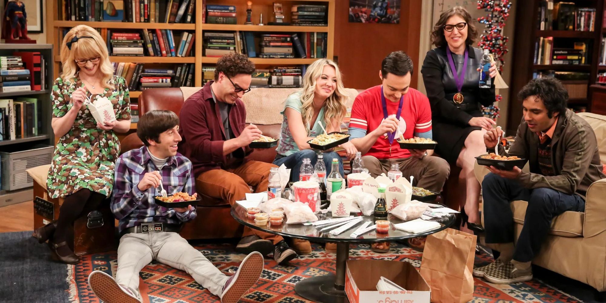 The group from The Big Bang Theory eating together
