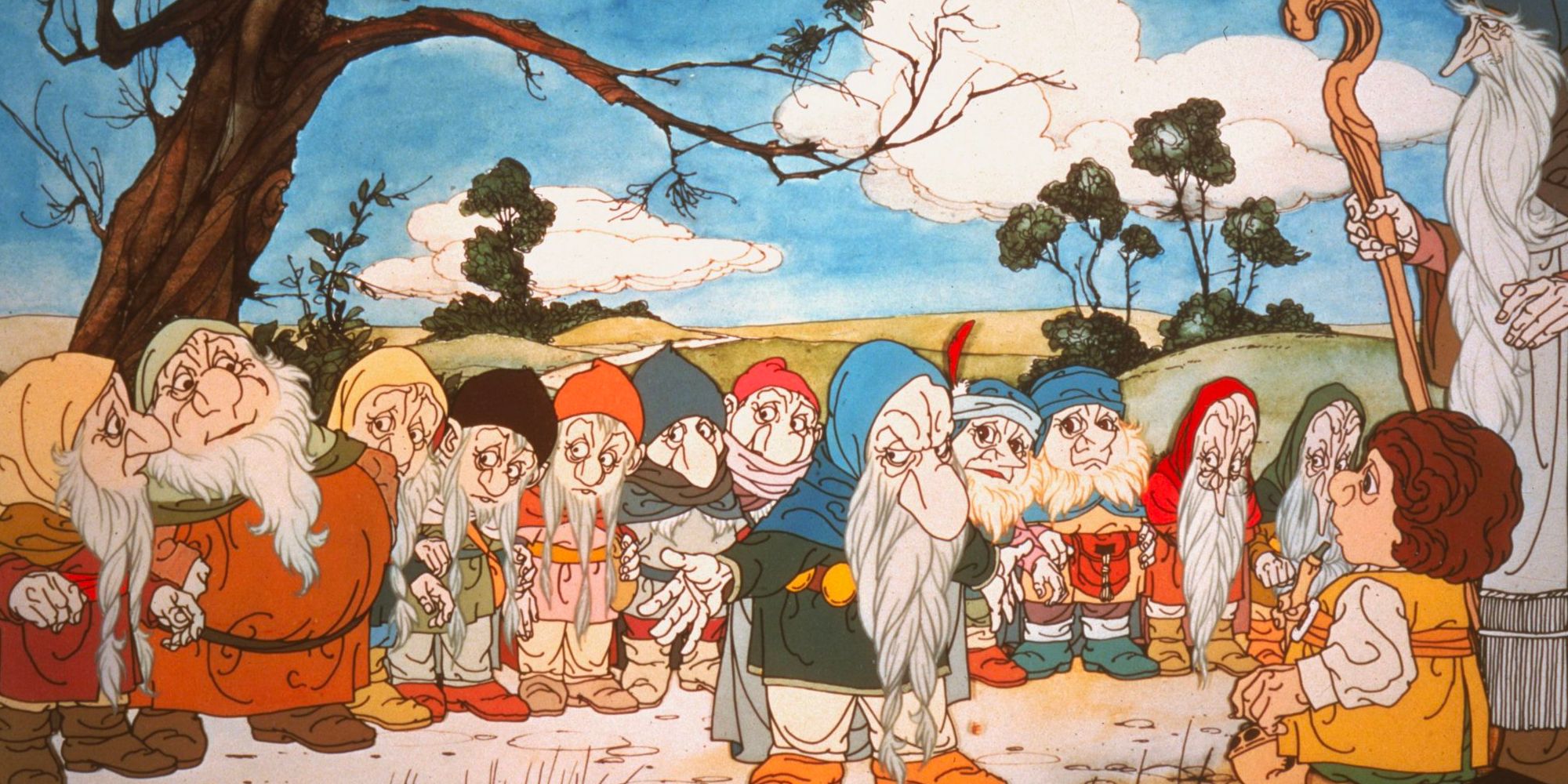 A pack of dwarves stand before a concerned hobbit and a wizard in the animated film 'The Hobbit'.