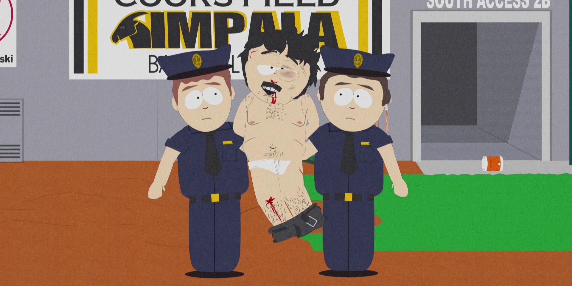 Still from 'South Park': Naked aside from underwear and visibly beaten up, Randy is carried off a baseball pitch by two police officers.