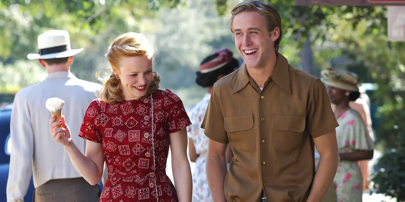 Allie (Rachel McAdams) holding an ice cream cone while Noah (Ryan Gosling) laughs next to her in The Notebook