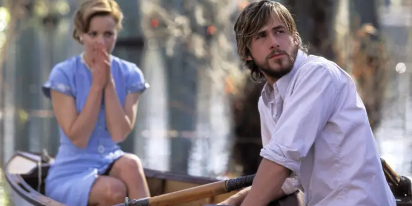 Allie (Rachel McAdams) and Noah (Ryan Gosling) rowing across a pond in The Notebook