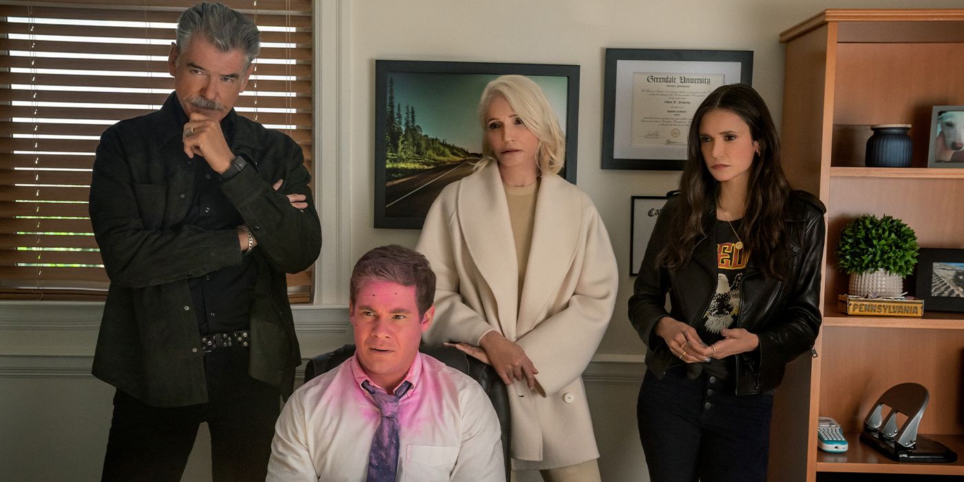 Pierce Brosnan, Adam DeVine, Ellen Barkin and Nina Dobrev in The Out-Laws