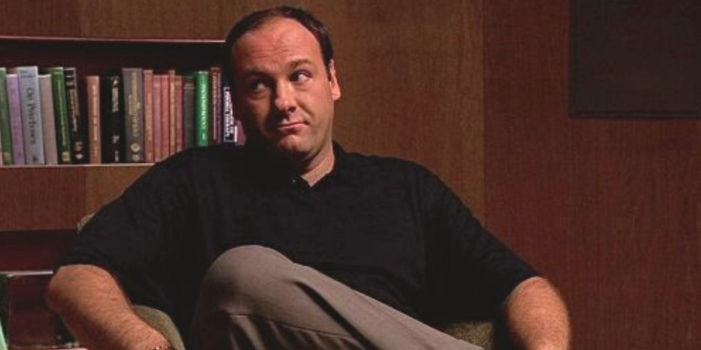 James Gandolfini sitting in Dr. Melfi's office in The Sopranos