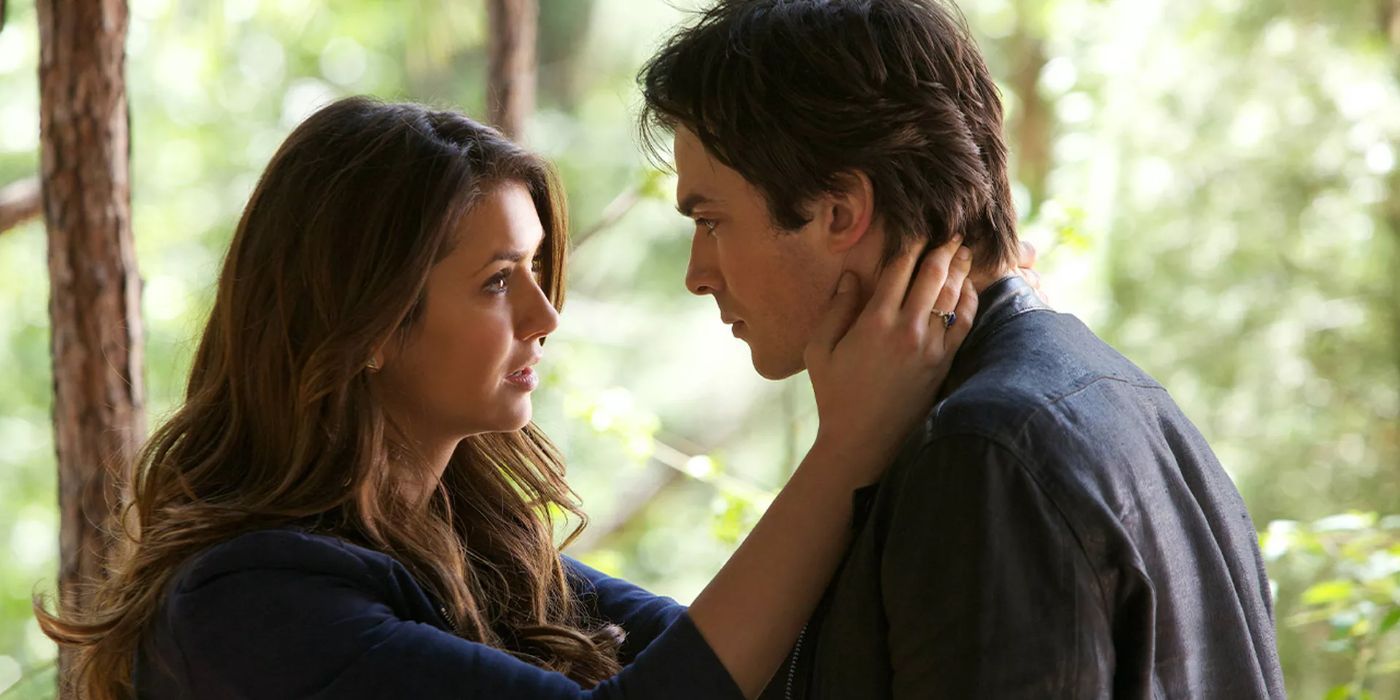 Elena, played by Nina Dobrev, embracing Damon, played by Ian Somerhalder, in 'The Vampire Diaries' Season 5 Episode 22.