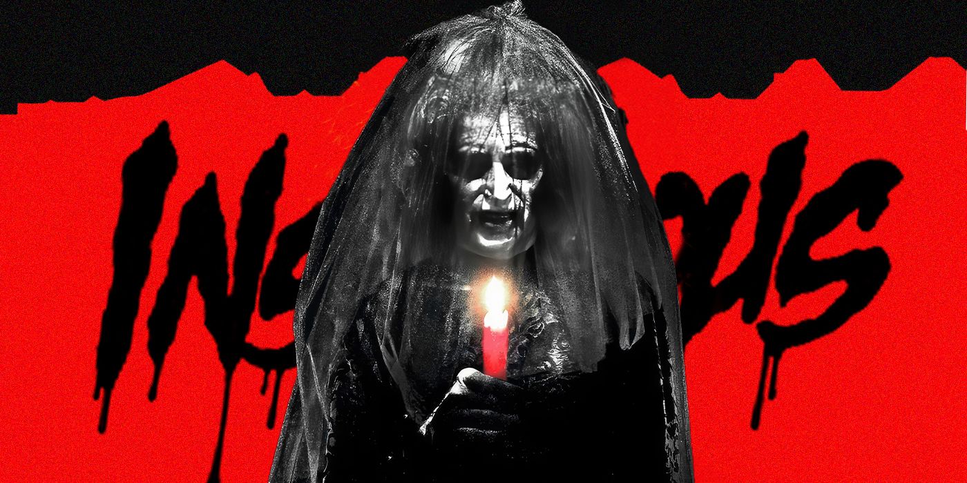 Uma imagem personalizada da Noiva Insidiosa em preto segurando uma vela vermelha na frente de um fundo com o texto 