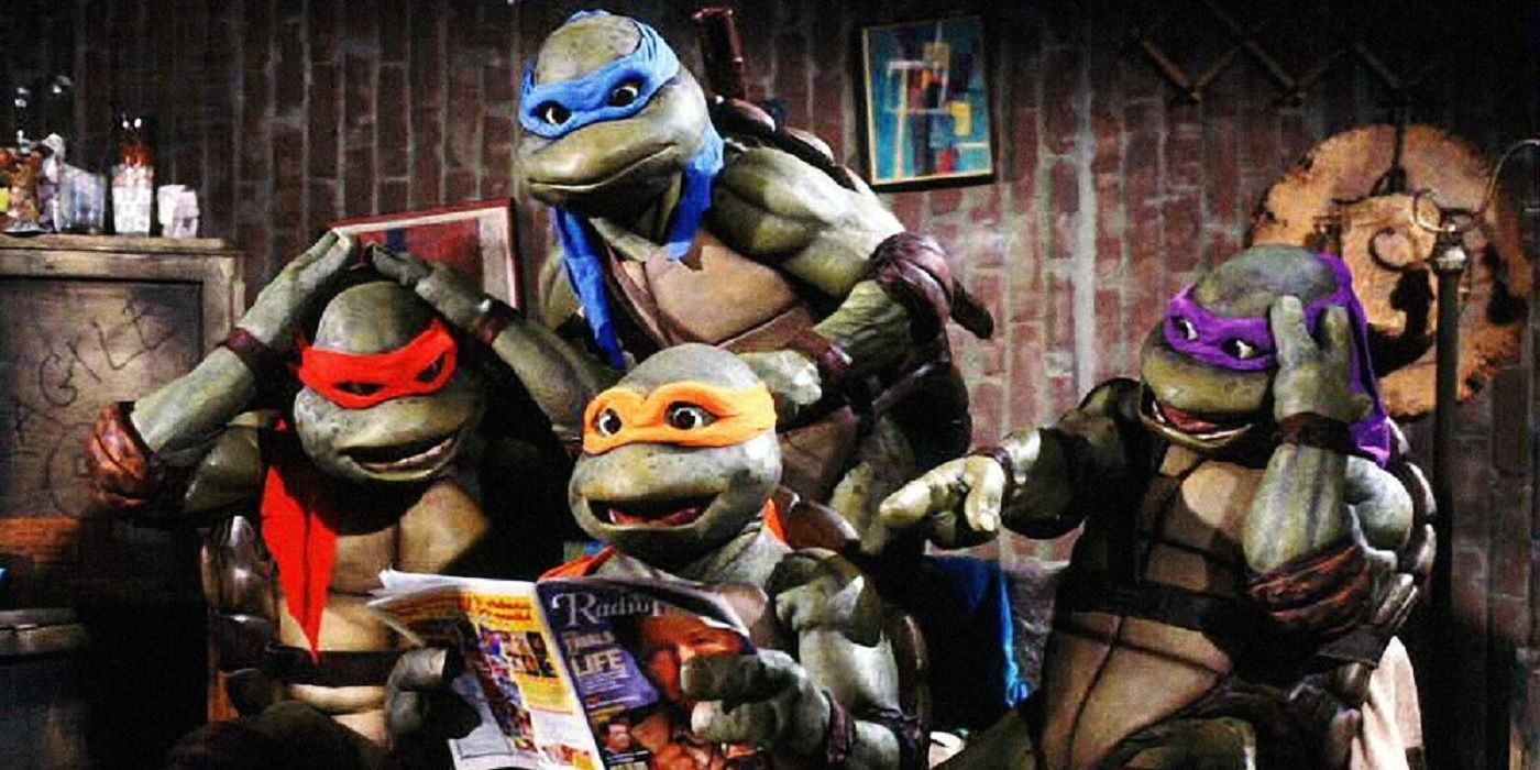 Leonardo, Raphael, Donatello, and Michelangelo in a scene from 1990's 'Teenage Mutant Ninja Turtles'