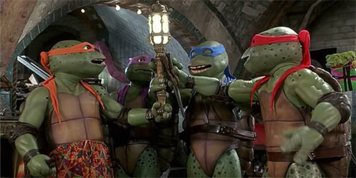Raphael, Donatello, Michelangelo, and Leonardo in a scene from 'Teenage Mutant Ninja Turtles III'