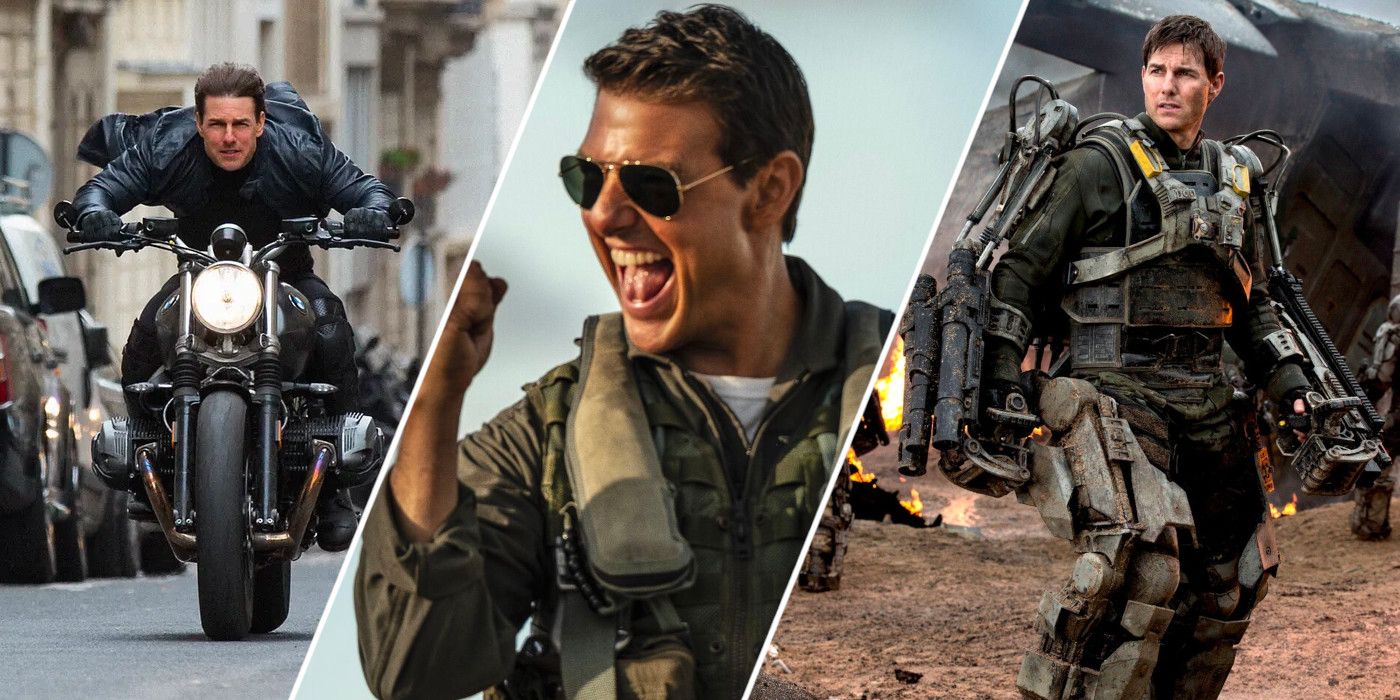 Tom Cruise in Mission Impossible Fallout, Top Gun Maverick, and Edge of Tomorrow