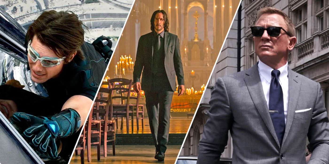 Tom Cruise in Mission Impossible, Keanu Reeves in John Wick 4, and Daniel Craig in No Time to Die