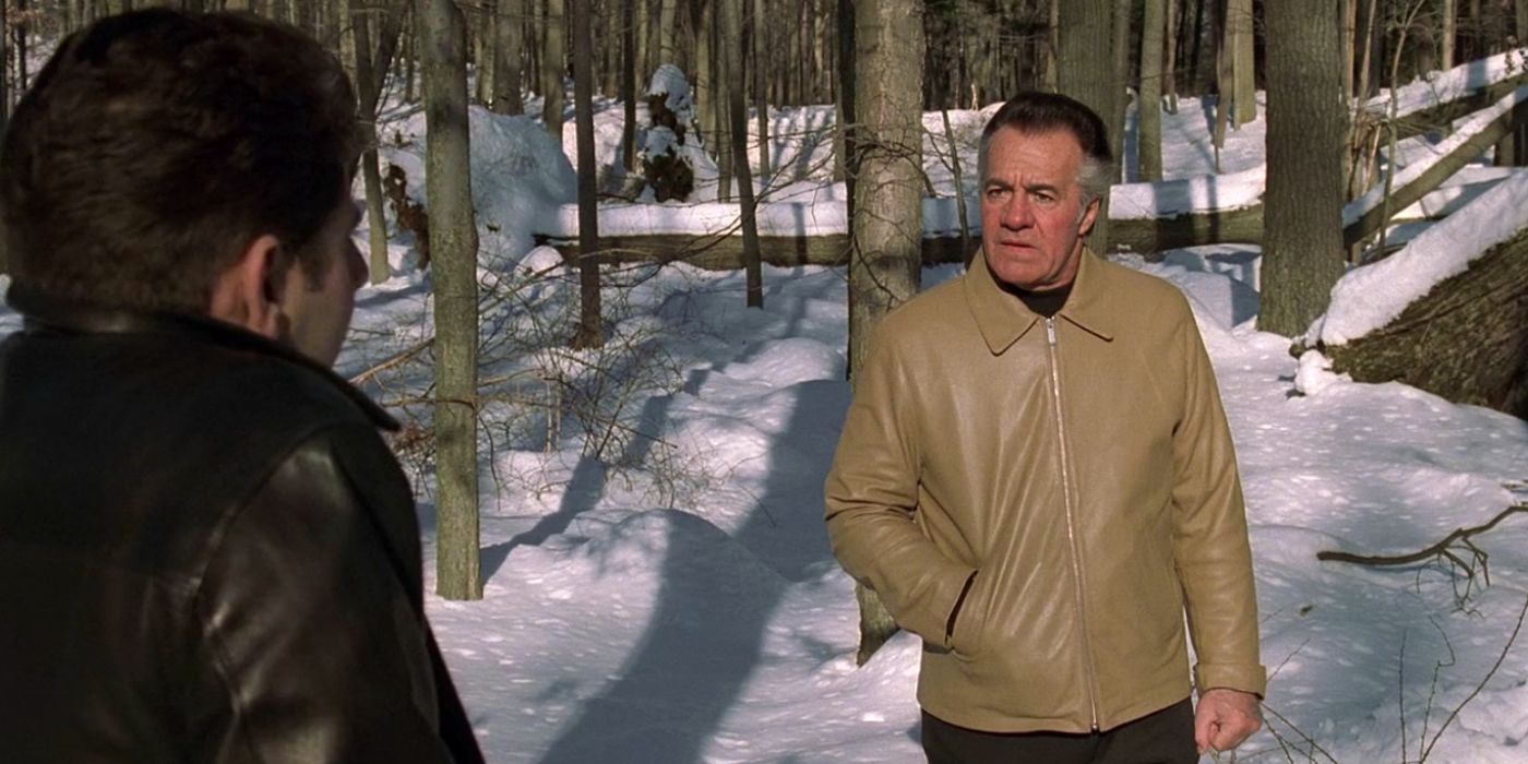 Tony Sirico and Michael Imperioli standing in the middle of the woods in The Sopranos_Pine Barrens
