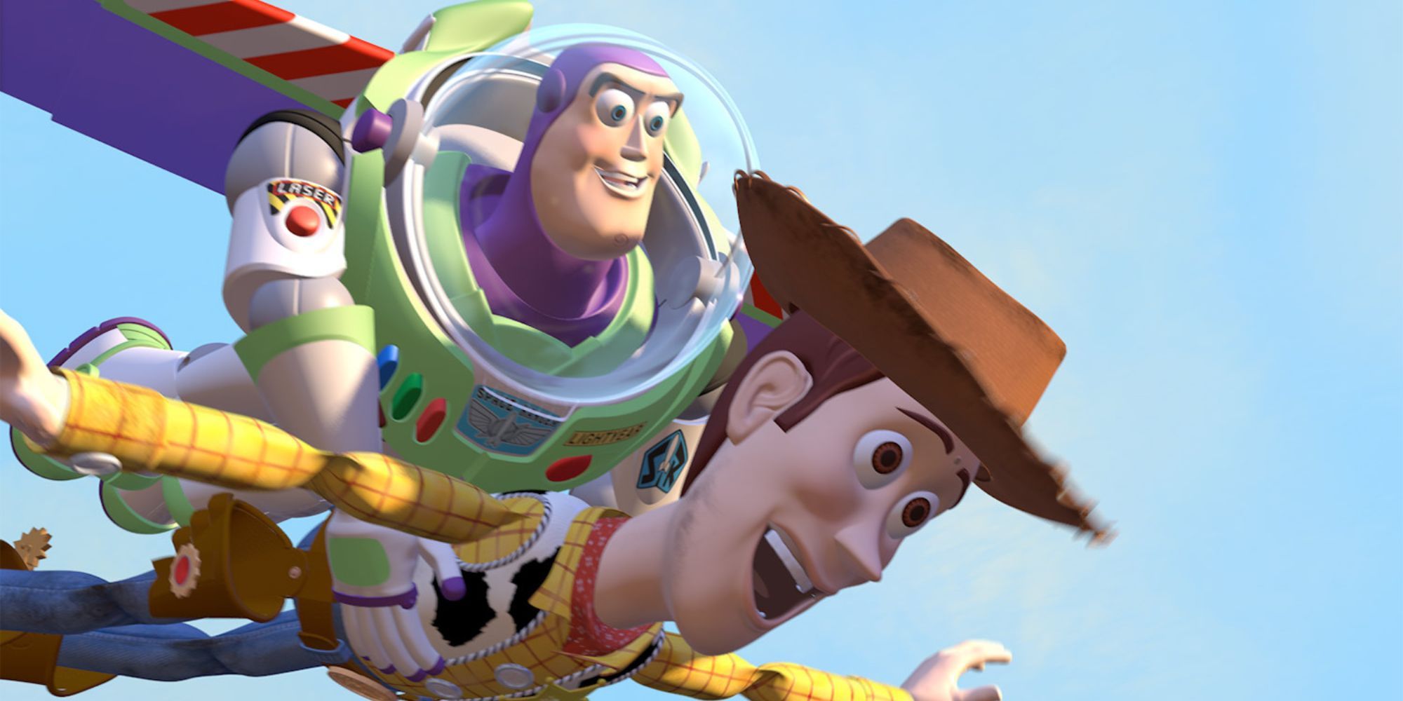 Buzz Lightyear holding Woody while they hover on the air in Toy Story