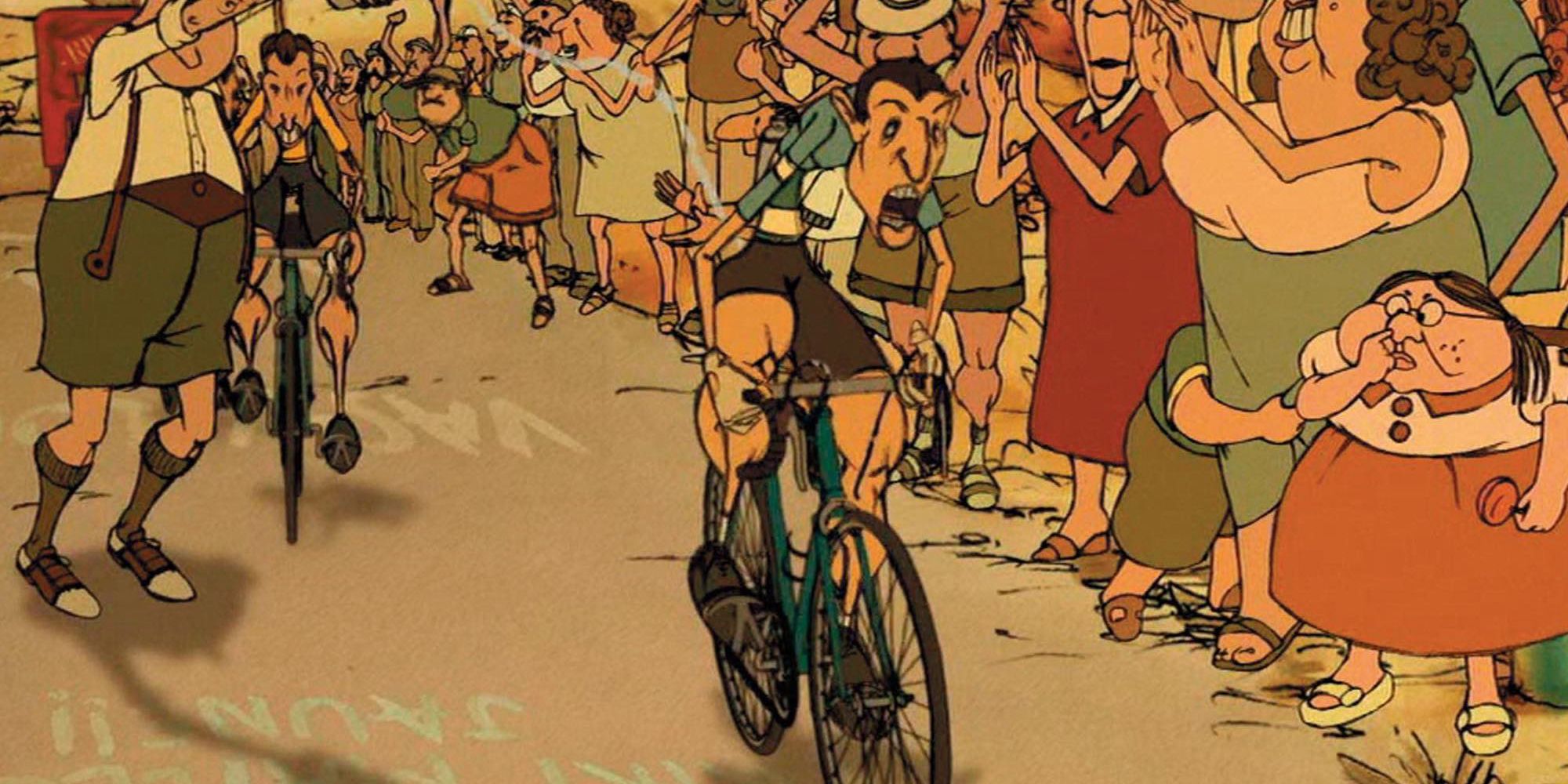 A man riding a bike in a marathon as a crowd of people watch in The Triplets of Belleville
