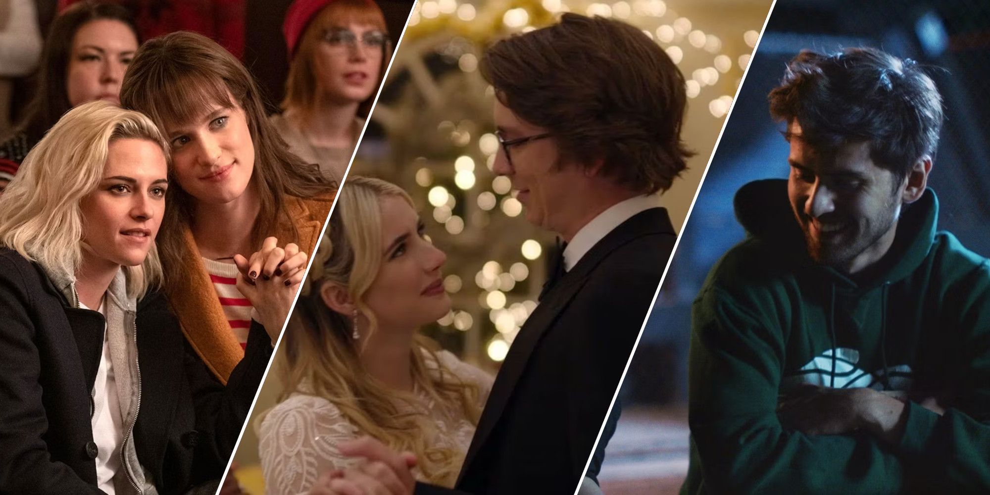 A collage of rom-coms from the past5 years, featuring stills from Happiest Season, About Fate, and Shithouse