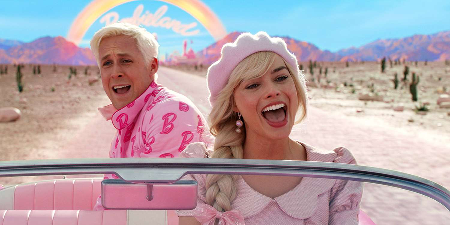 Margot Robbie and Ryan Gosling as Barbie and Ken, singing and driving away from Barbieland in Barbie