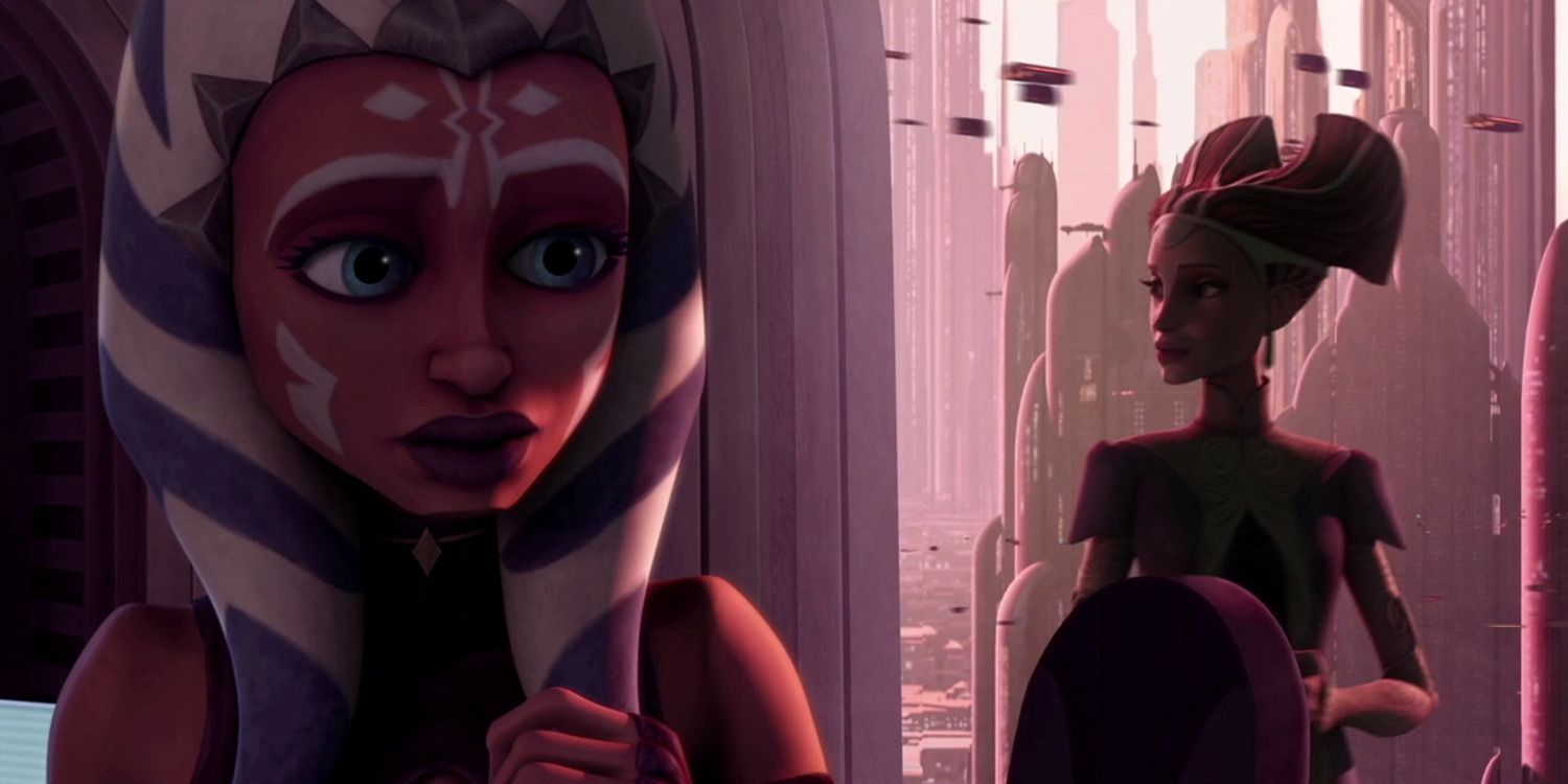 Ahsoka and Padmé leaving a room in the upper area of Coruscant