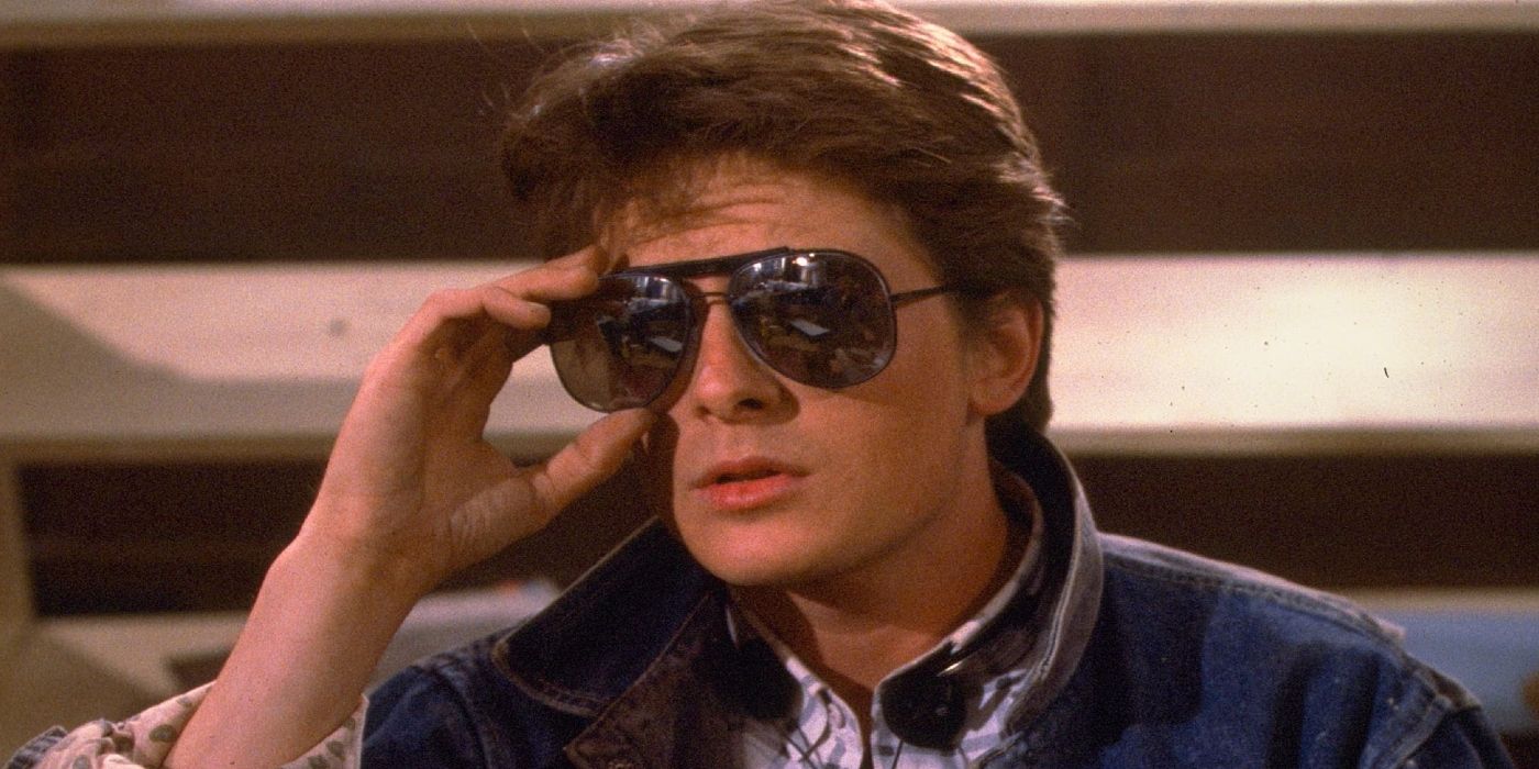 Michael J. Fox as Marty McFly wearing sunglasses in Back to the Future