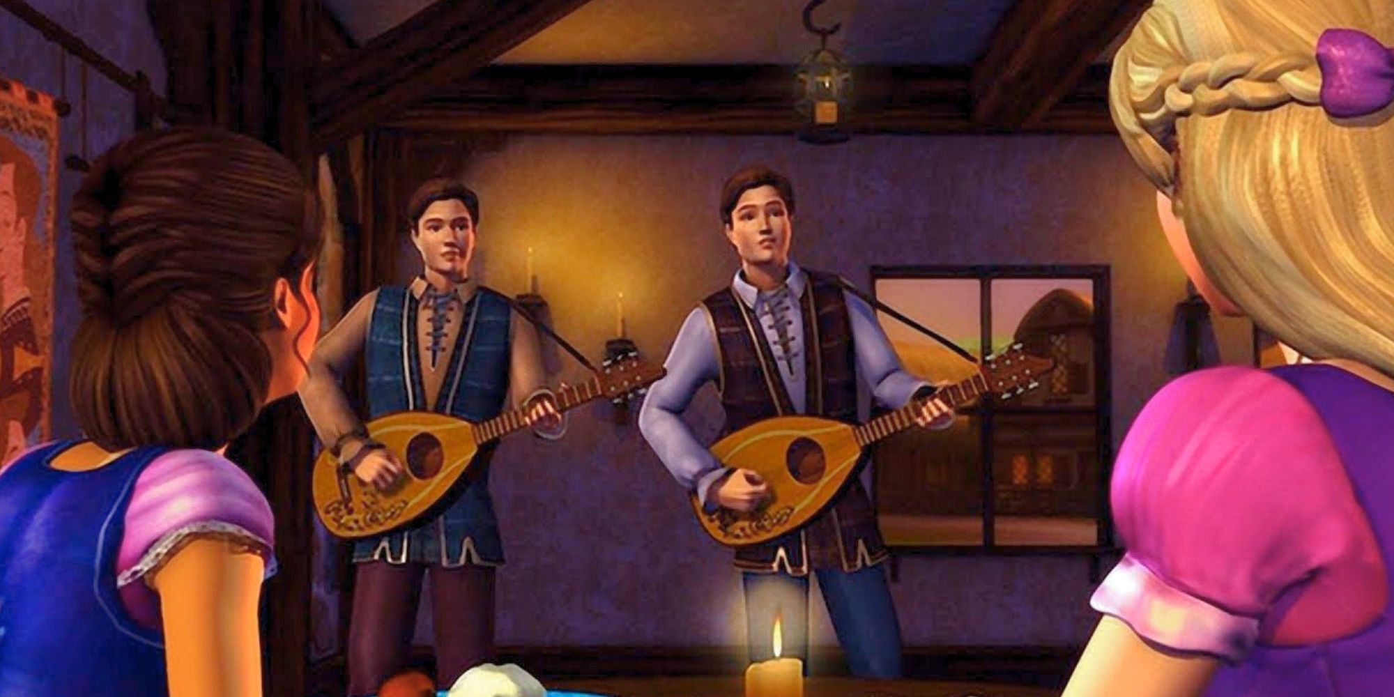 Jeremy and Ian serenading Alexa and Liana on their guitars in Barbie and the Diamond Castle