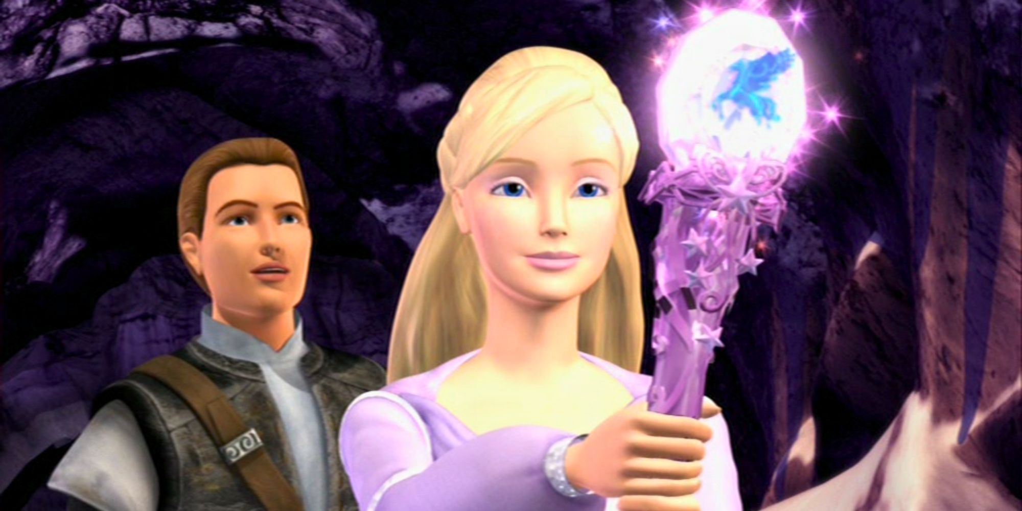 Annika holding the wand of light with Aidan in Barbie and the Magic of the Pegasus