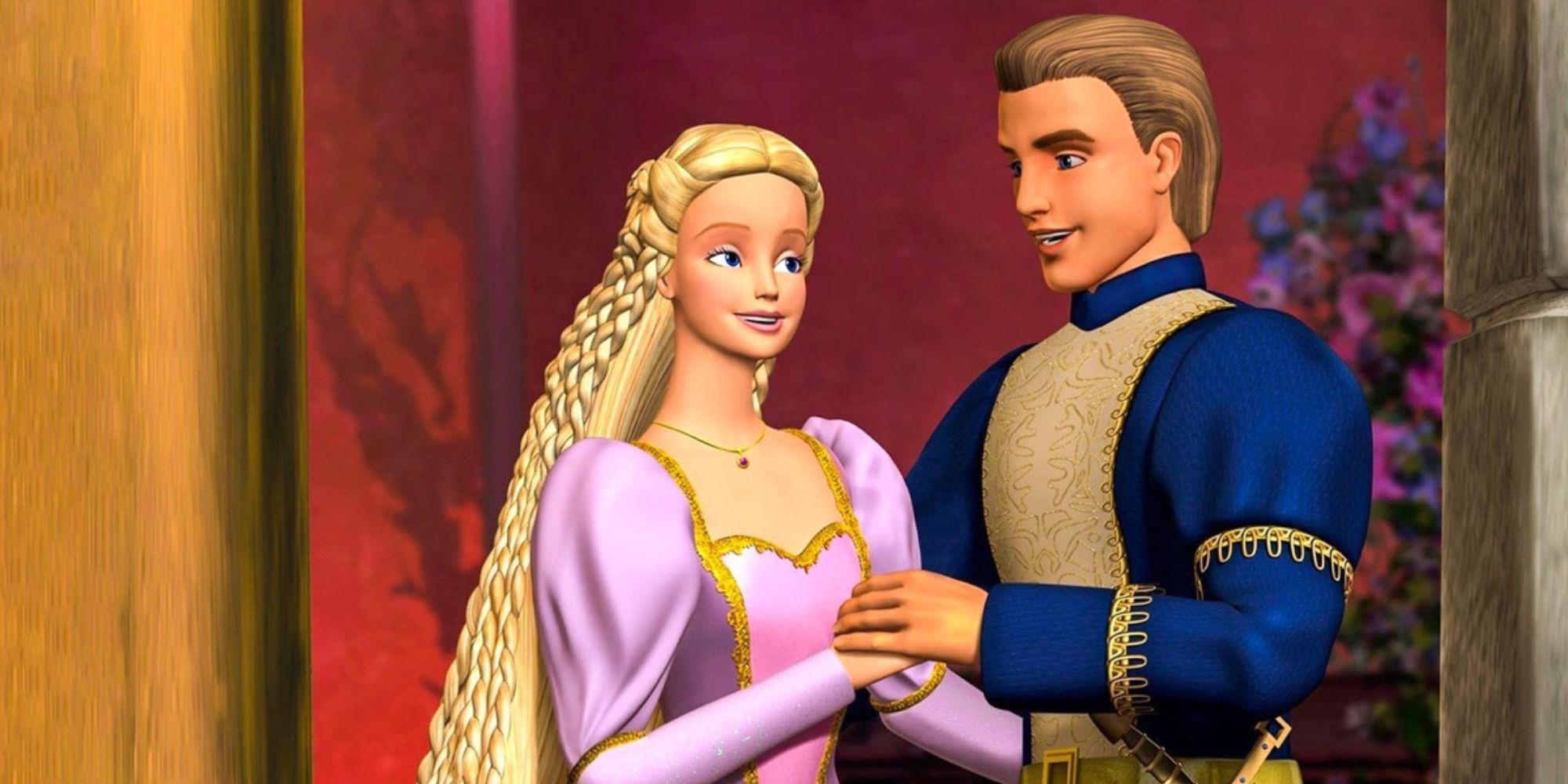 Prince Stefan holding hands with Rapunzel in Barbie as Rapunzel