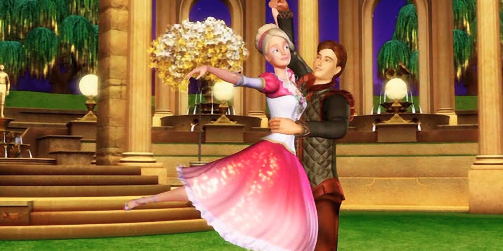 Derek dancing with Genevieve in Barbie in the 12 Dancing Princesses