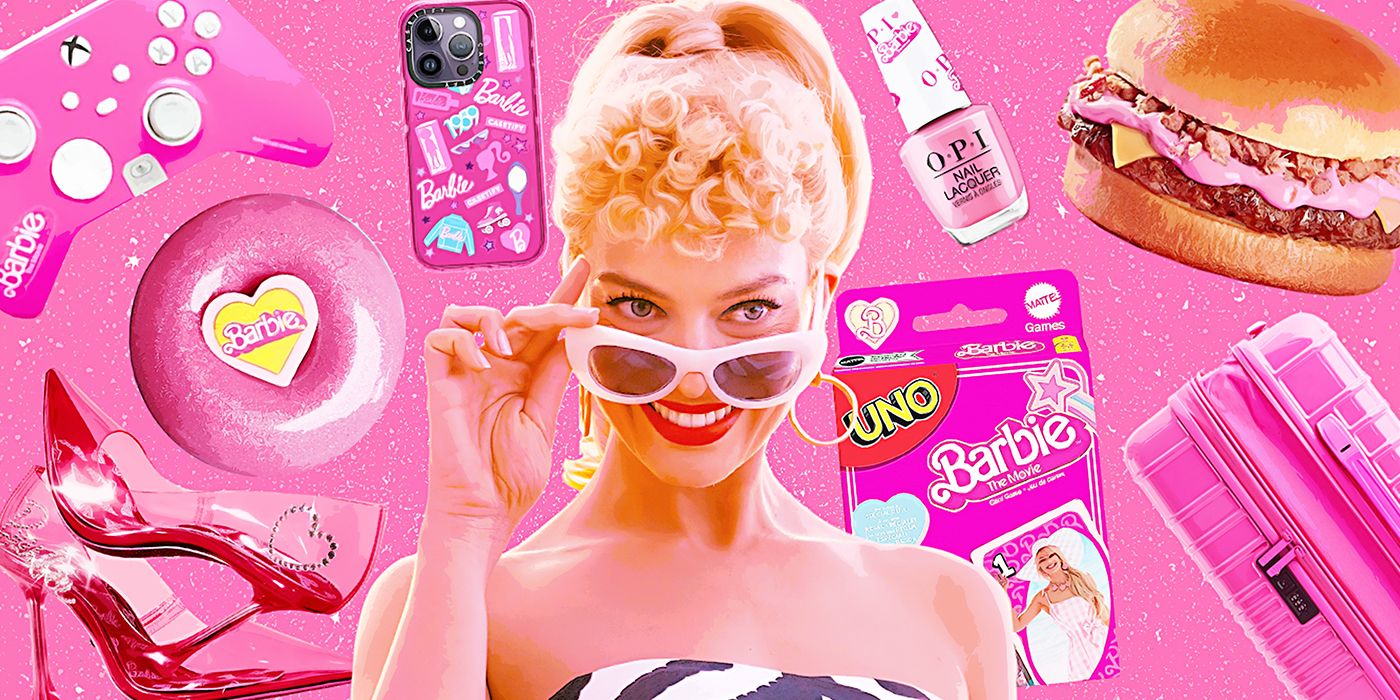 Margot Robbie's Barbie with mattel promotional items behind her