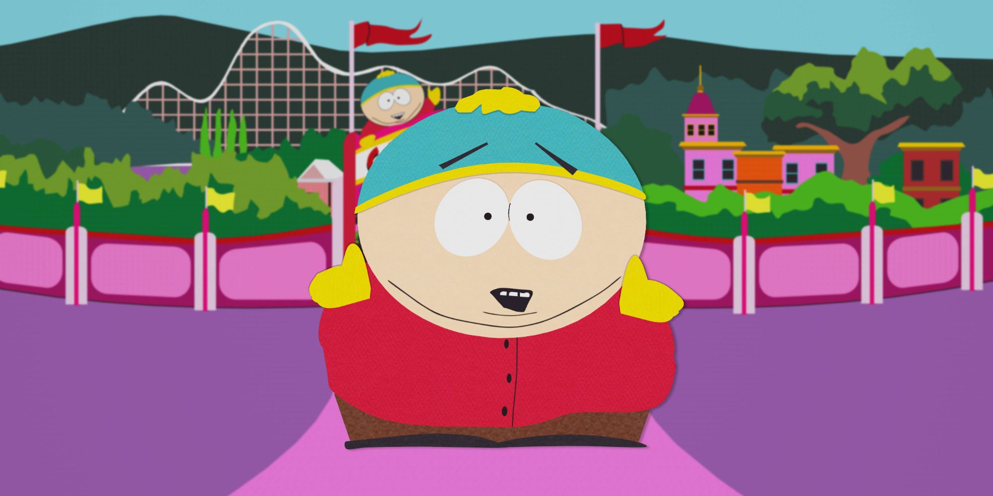 Cartman standing in front of Cartmanland in South Park