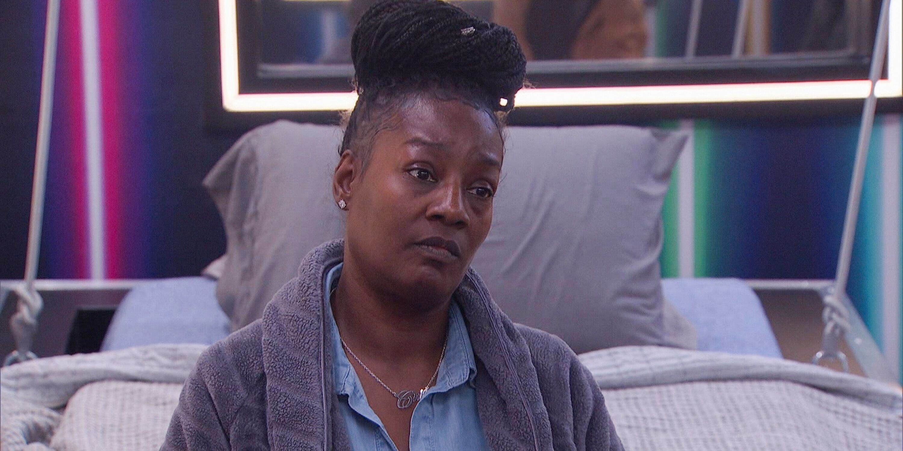 Cirie Fields sits on a 'Big Brother 25' bed with a serious look on her face.