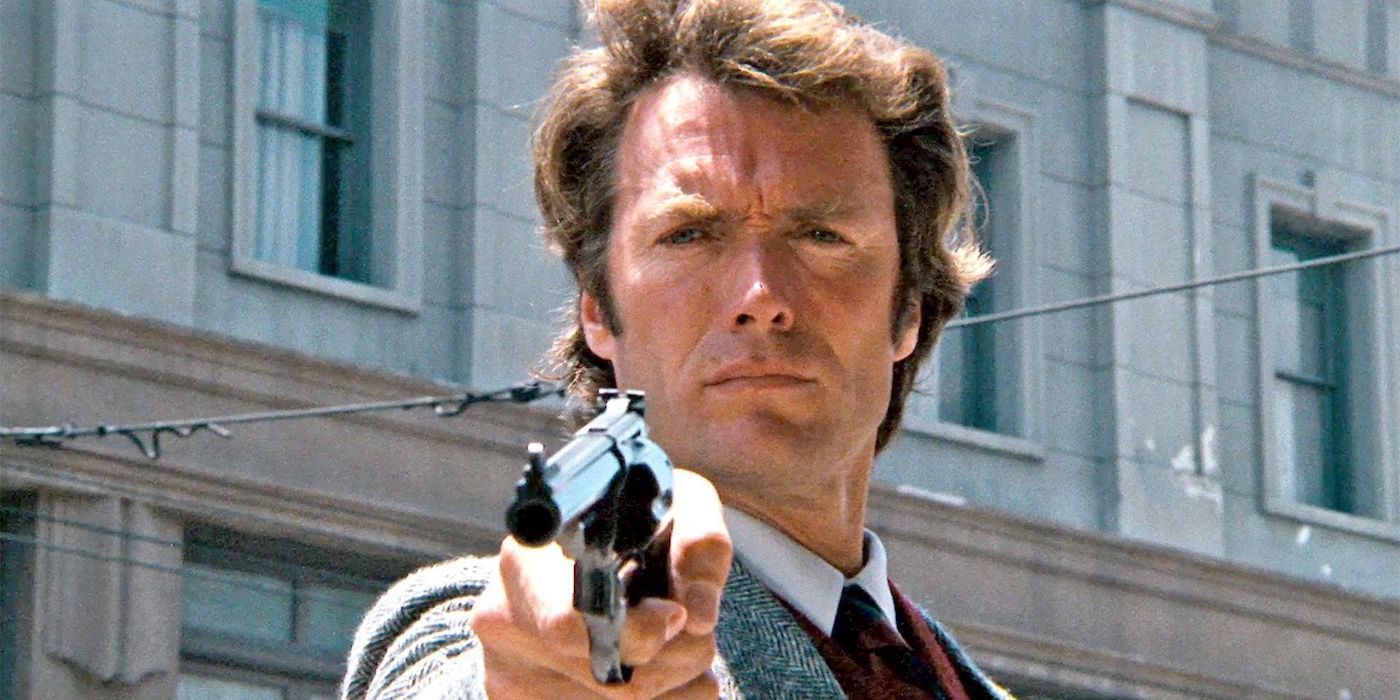 Clint Eastwood as Dirty Harry pointing a gun in Dirty Harry (1971)
