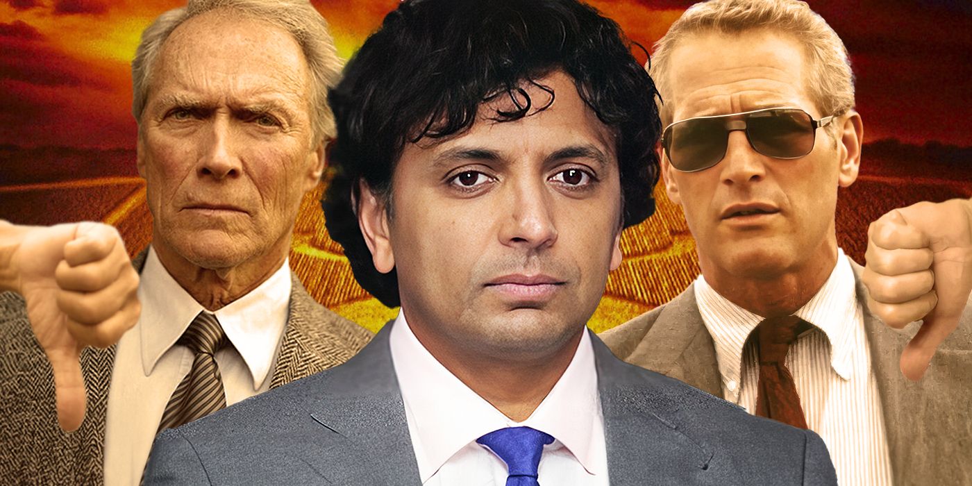 A custom image of Clint Eastwood and Paul Newman with thumbs down, with M. Night Shyamalan in the center