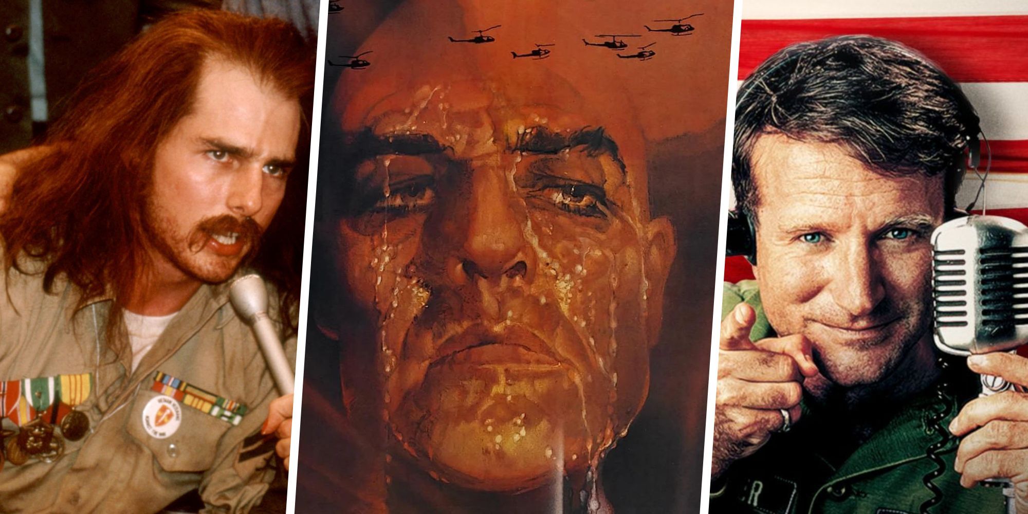 Collage with images from 'Born on the Fourth of July', 'Apocalypse Now', and 'Good Morning Vietnam'