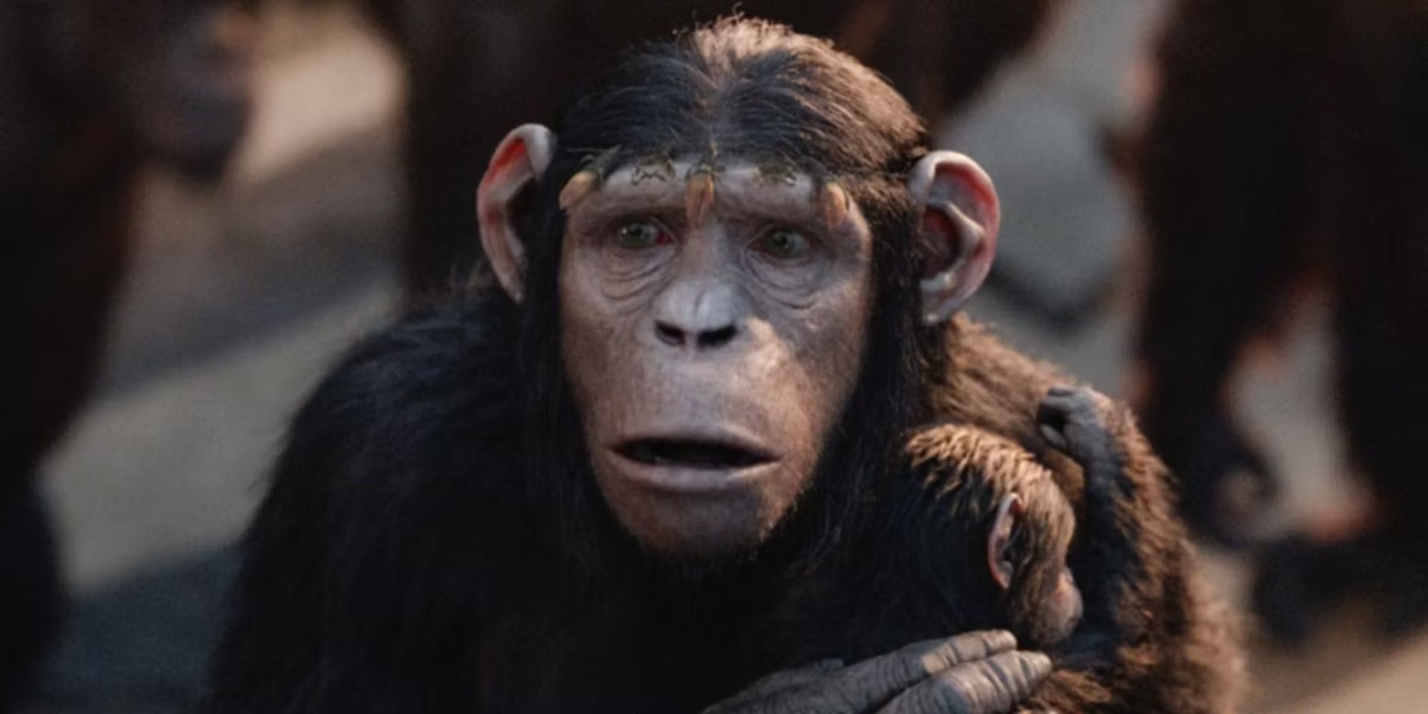 Judy Greer as Cornelia, Caesar's wife, holding their baby in The Dawn of the Planet of the Apes