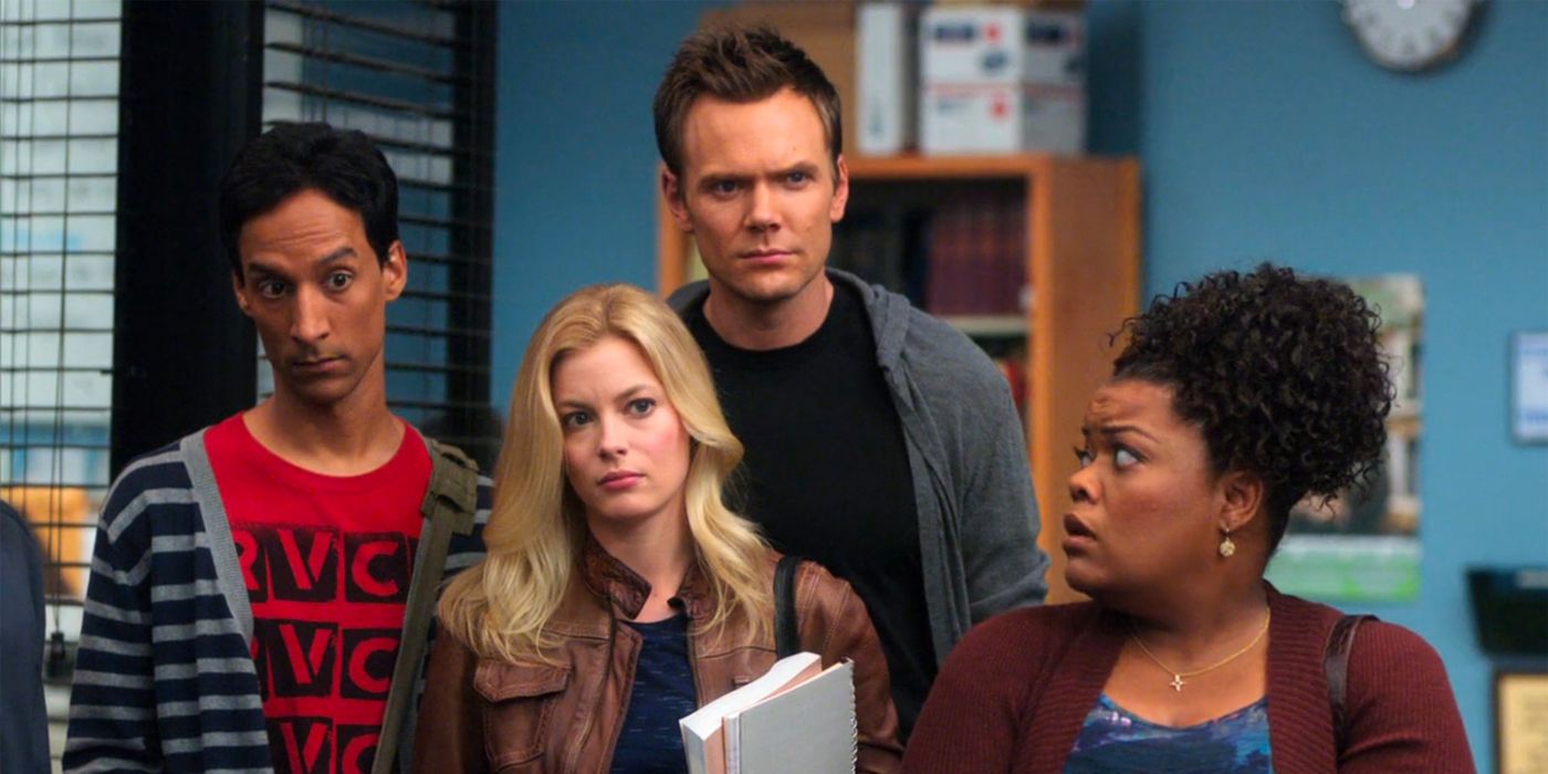 Danny Pudi, Joel McHale, Gillian Jacobs and Yvette Nicole Brown as Abed, Jeff, Britta, and Shirley in Community 