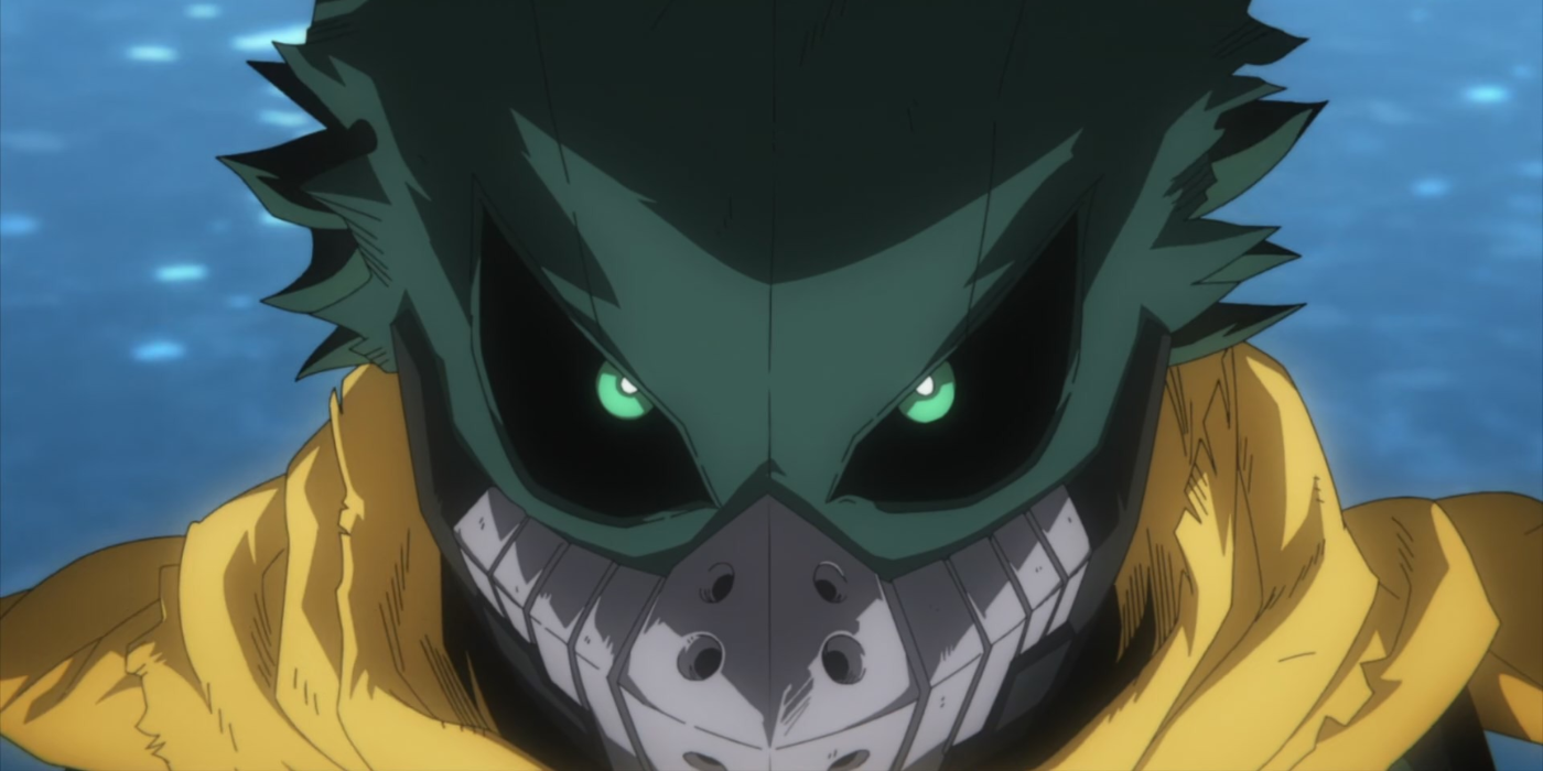 Deku green mask on in My Hero Academia 