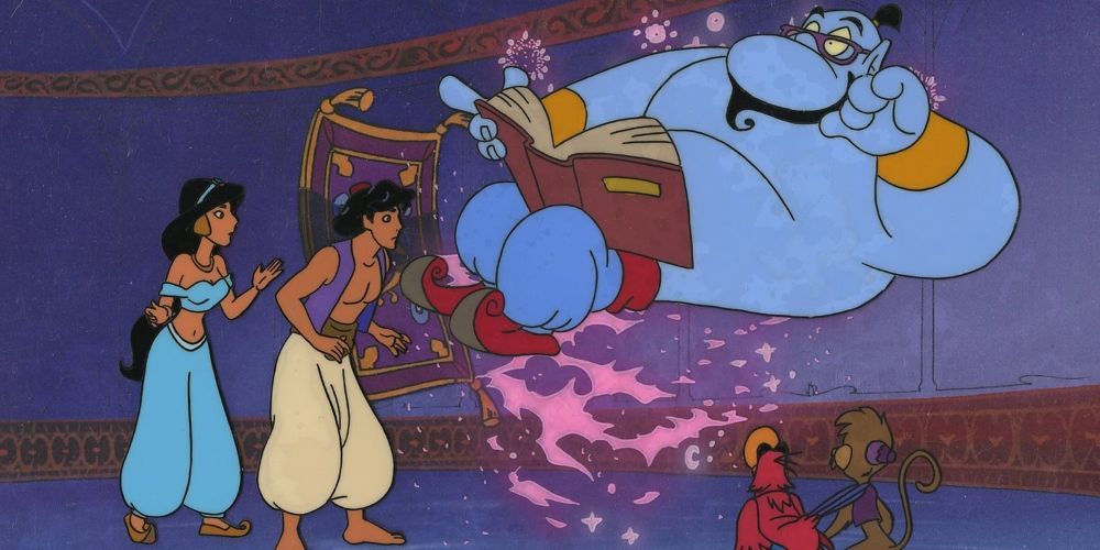 Aladdin, Jasmine, Genie, Abu, Iago, and Carpet from the animated series
