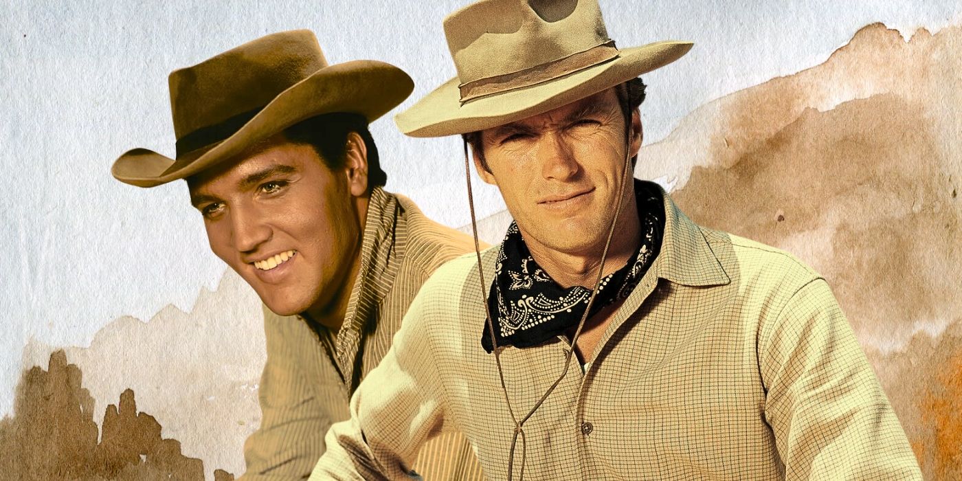 Custom image of Elvis Presley and Clint Eastwood against a Western landscape as background