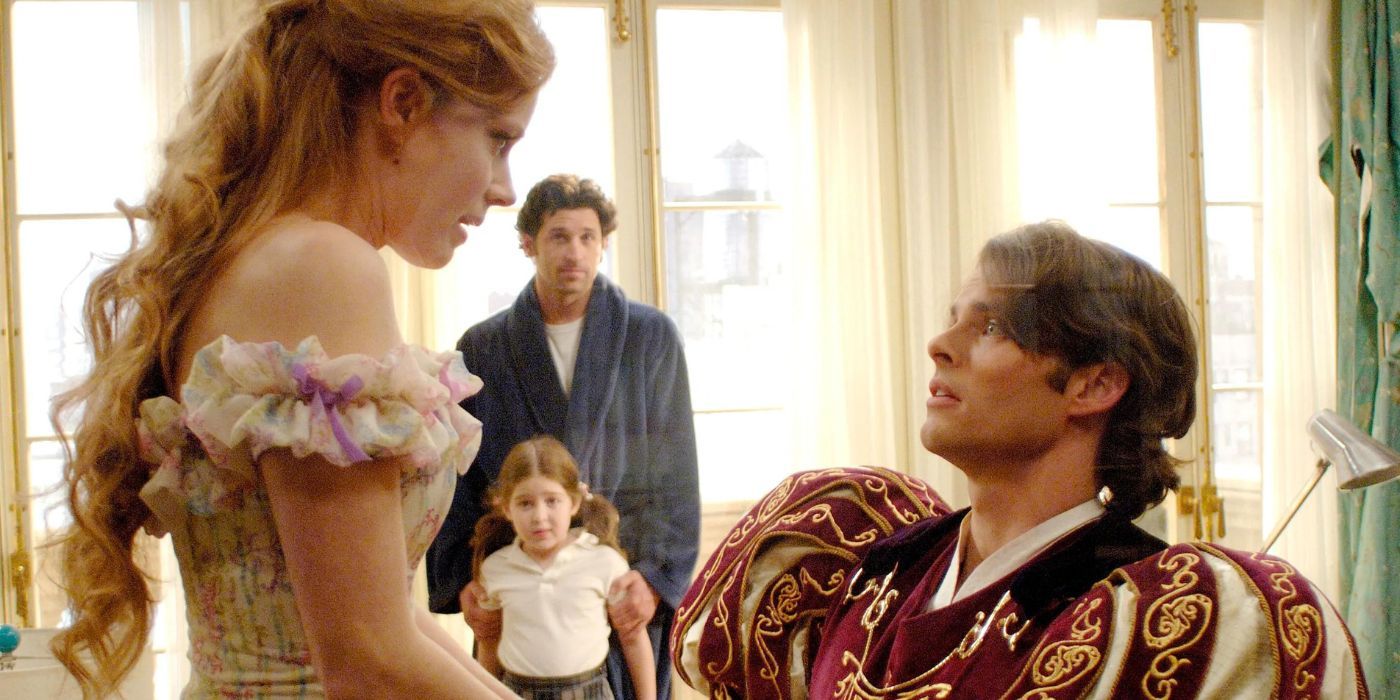 Prince Edward (James Marsden) kneeling and looking up at Giselle (Amy Adams) in Enchanted