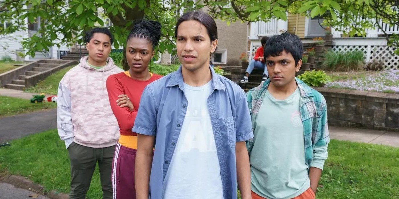 Christian Vunipola as David, Imani Lewis as Case, Tyler Dean Flores as Miguel, and Suraj Partha as Srini in Hulu's Miguel Wants to Fight.