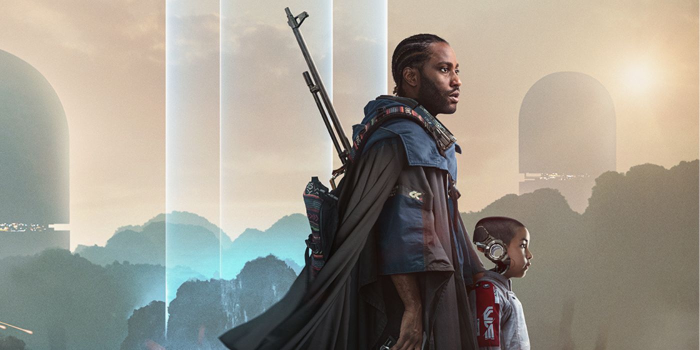 John David Washington and Madeleine Yuna Voyles, standing side by side, on a cropped poster for The Creator