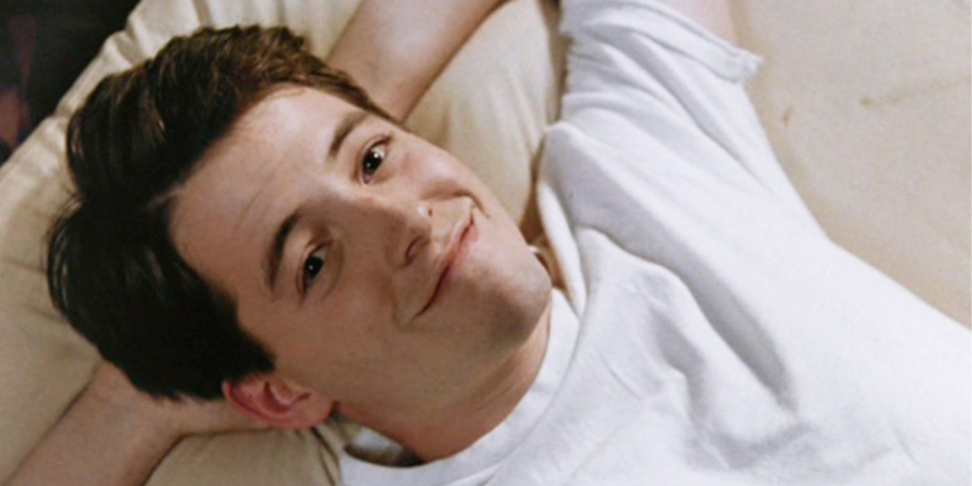 Matthew Broderick as Ferris Bueller, laying back and smiling, in 'Ferris Bueller's Day Off.' 