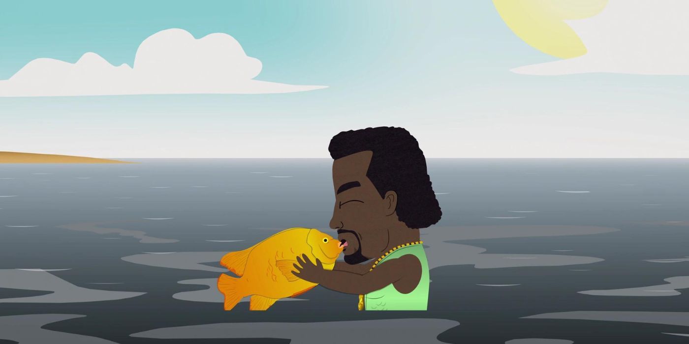 Kanye West kissing a fish in the ocean in South Park episode 'Fishsticks'