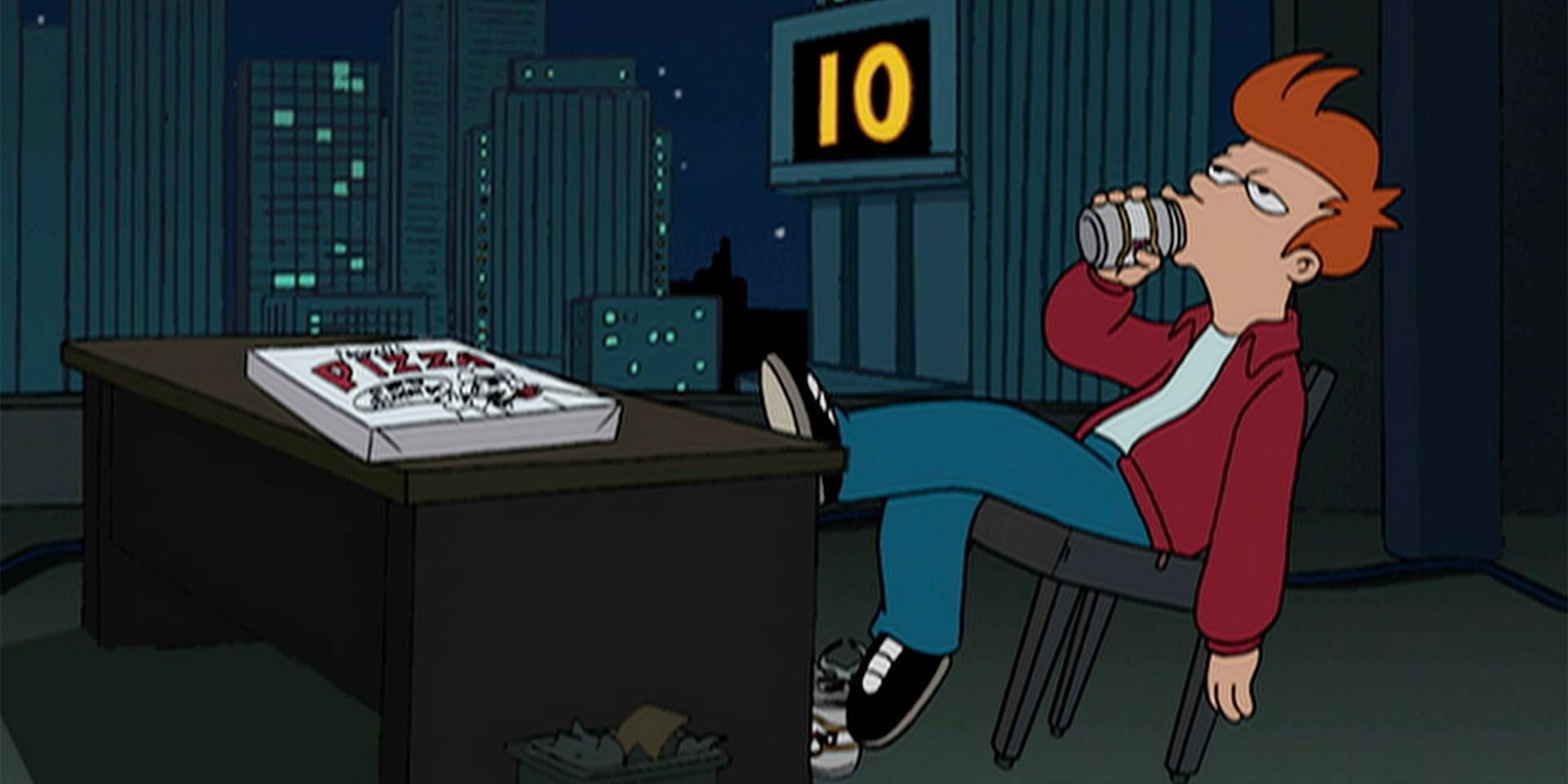 Fry from 'Futurama', sitting at a table with pizza, drinking from a can