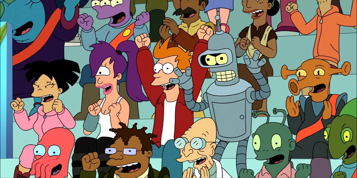 The characters of Futurama cheering in a crowd