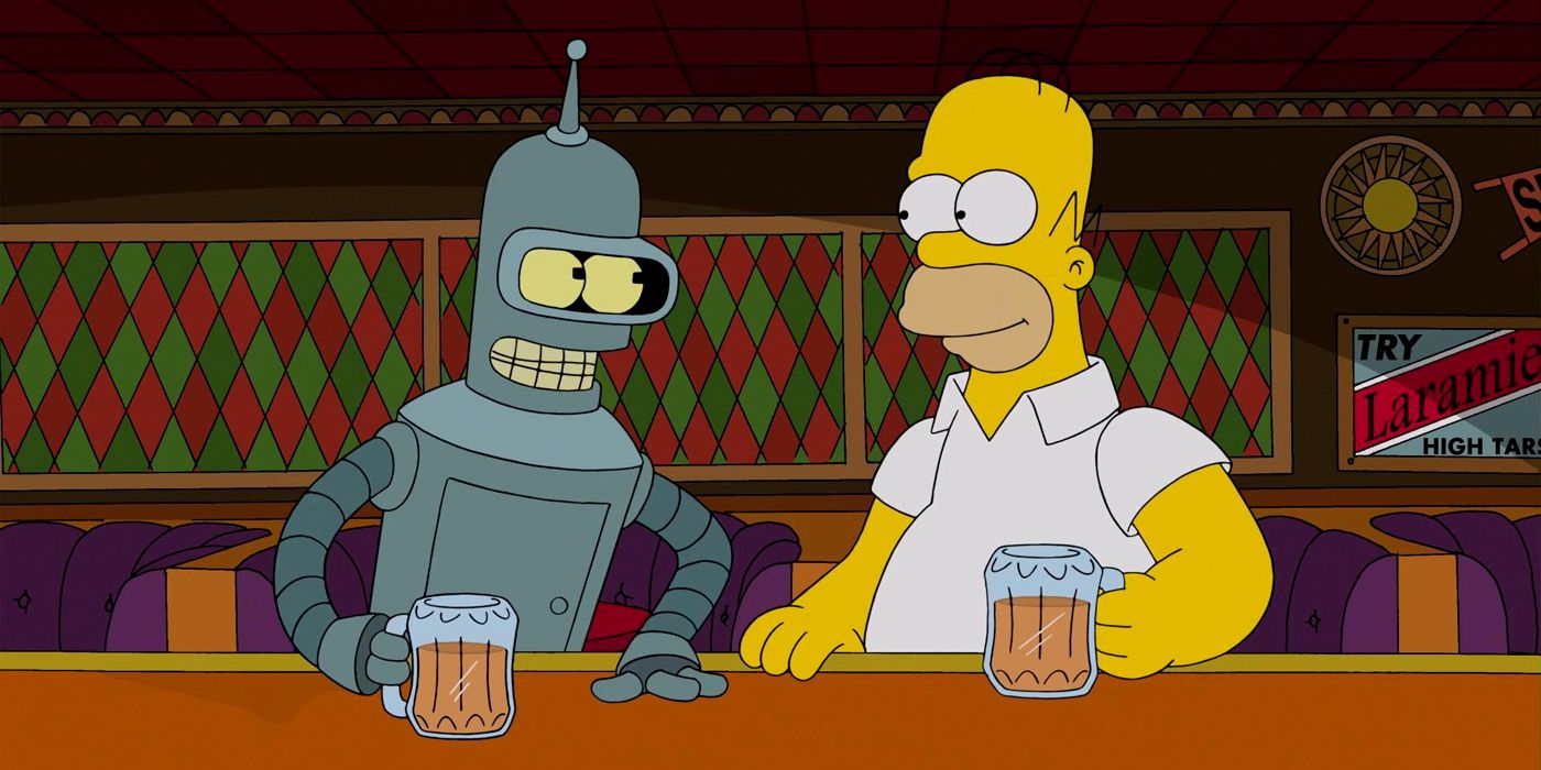 Homer et Bender partagent un verre chez Moe's dans Les Simpsons