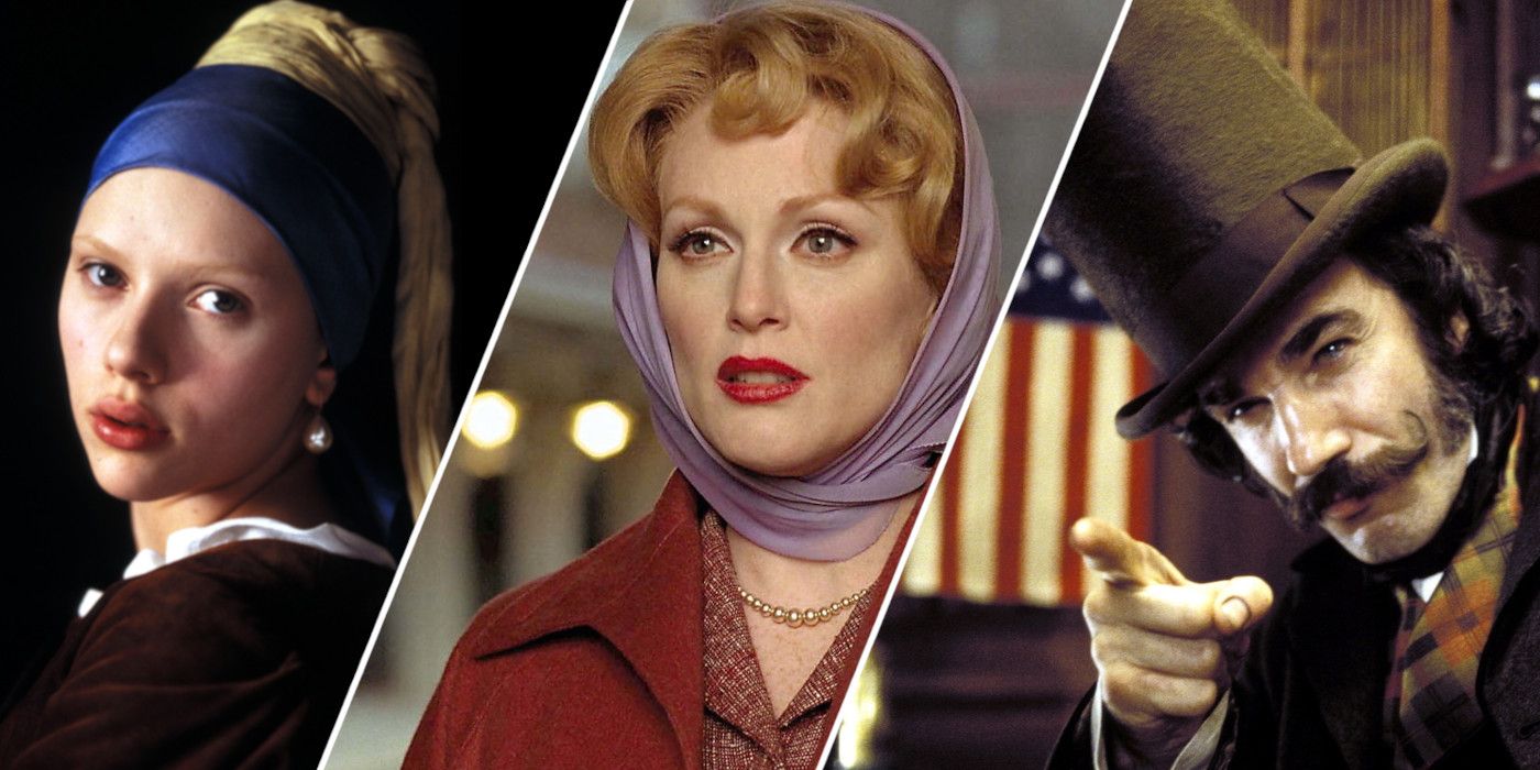 Split image showing characters from Girl with a Pearl Earring, Far from Heaven, and Gangs of New York