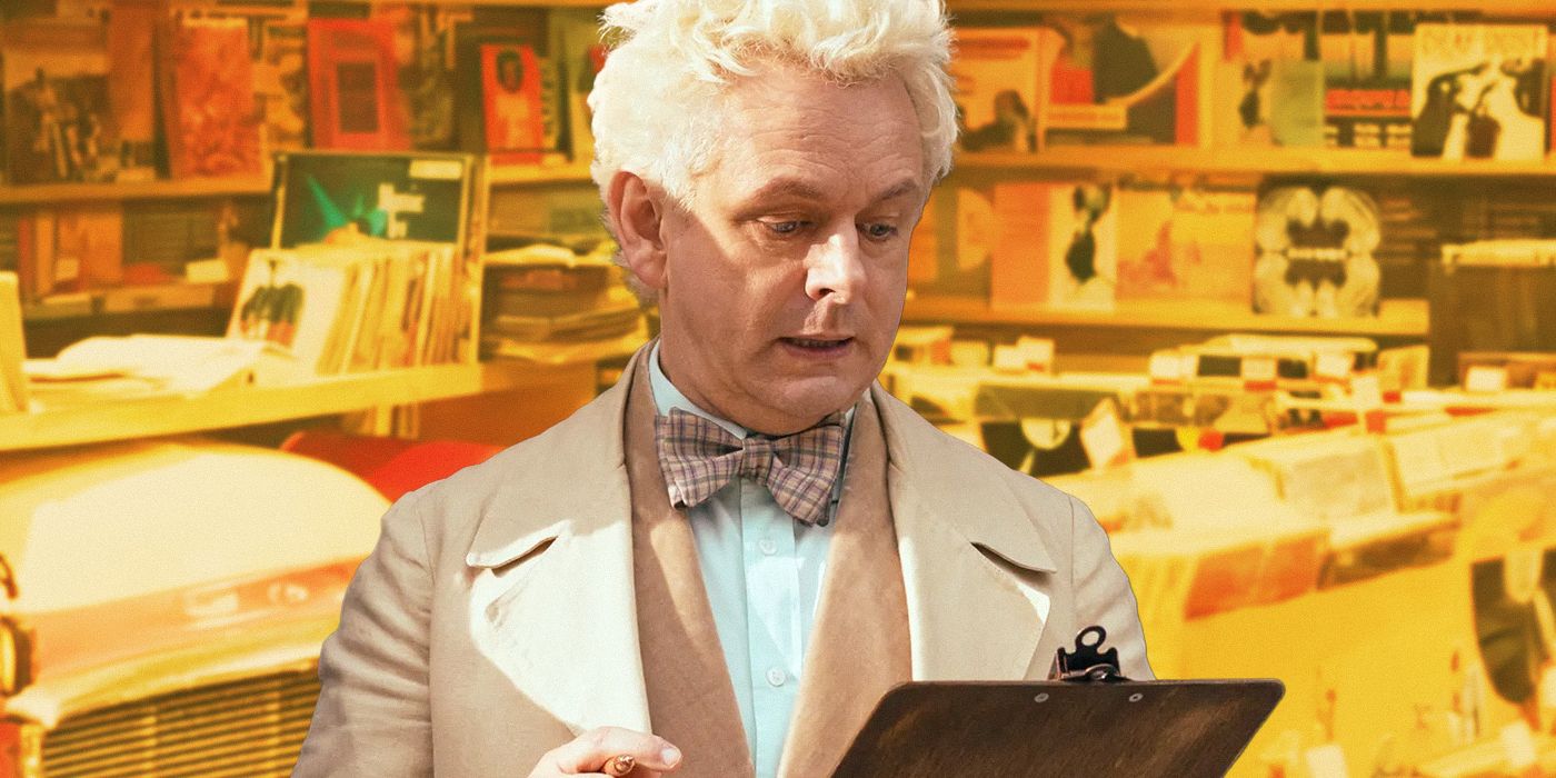 Micheal Sheen in Good Omens standing in a record shop