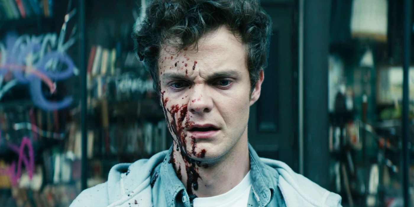 Hughie (Jack Quaid) looking shocked and horrified with blood on his face in The Boys Season 1, Episode 1