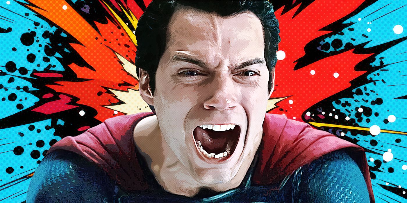 Henry Cavill screaming as Superman with a comic splash behind him