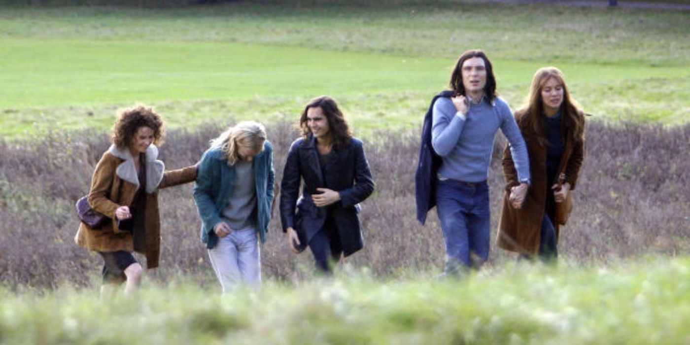 The cast of 'Hippie Hippie Shake' walking up a hill. 